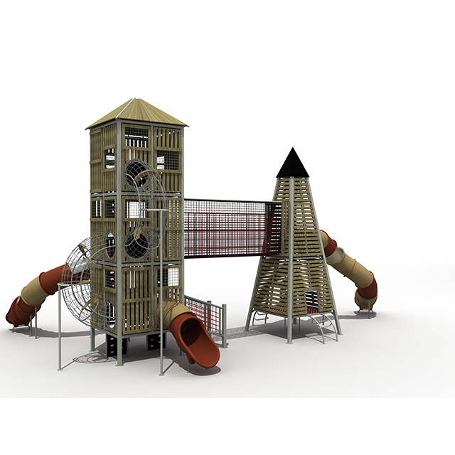 Parco giochi all'aperto in legno con torre e razzo